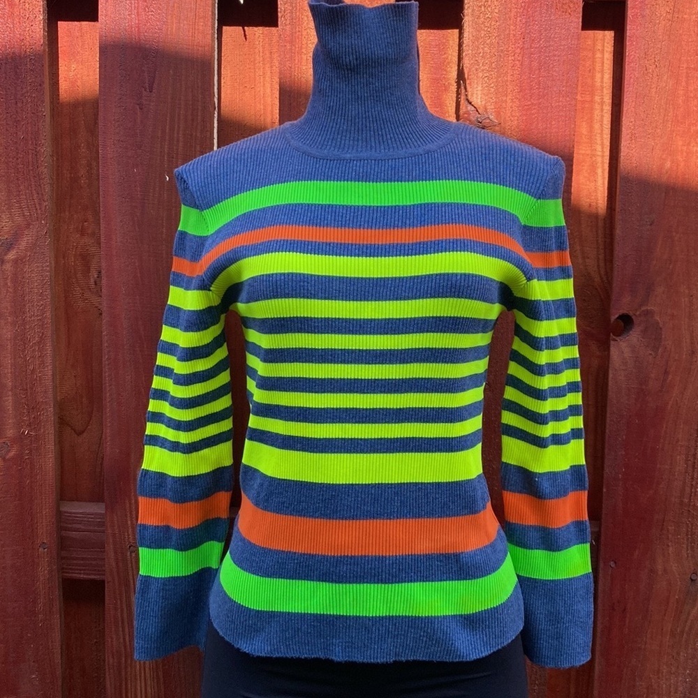 Vintage Charlotte Neon Striped Turtleneck Ribbed Knit Sweater Made in USA S